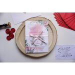 EM07 - Két oldalas Virágmintás, szalaggal átkötött esküvői meghívó