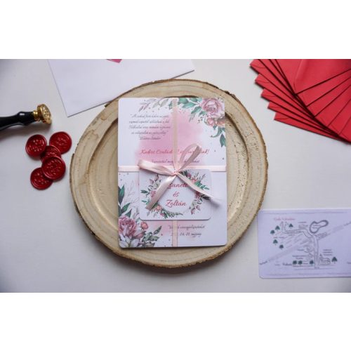 EM07 - Két oldalas Virágmintás, szalaggal átkötött esküvői meghívó