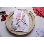 EM07 - Két oldalas Virágmintás, szalaggal átkötött esküvői meghívó