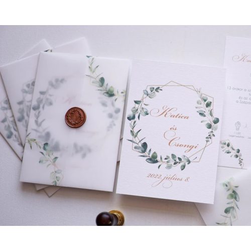 EM39 - Pausz borítós levélkoszorús esküvői meghívó