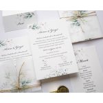 EM67 - Pausz borítós zöld leveles esküvői meghívó